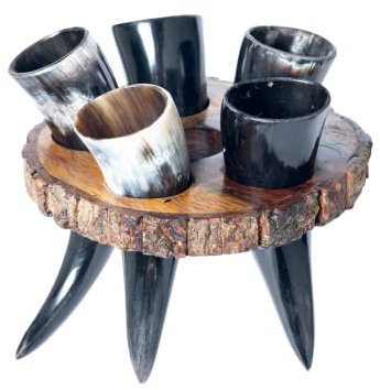 HB-107 Lot de 5 verres à shot 50-60 ml avec support en bois | Cornes à boire Viking fabriquées à la main