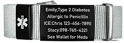 VNOX Pulseras de alerta médica para hombres y mujeres, pulseras de identificación médica deportivas personalizadas con banda de cuerda ajustable, pulseras de identificación de alerta médica, Acero