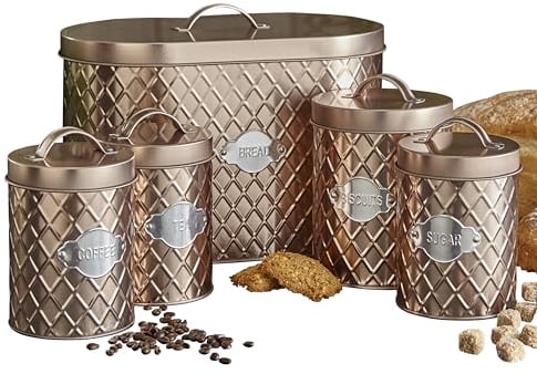 Neo Embossed Diamond Hexagonal Metal Metallic Badge 5 Kitchen Countertop Canisters Jars Tins Set Tea Coffee Sugar Biscuit Bread Bin Box Food Storage Organiser (Copper)