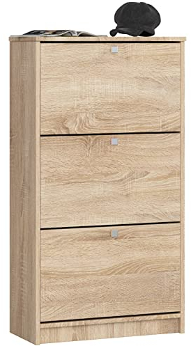 AKORD Schuhschrank mit 3 Schuhkippern | Schuhkipper | Schuhregal geschlossen | Schuhbank | Schuhaufbewahrung | B60 x H113 x T28,5 cm, Gewicht 29 kg | Farbe Sonoma Eiche