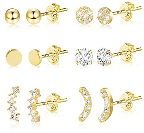 Ohrstecker Gold Set - 6 Paar Kleine Sterling Silber 925 Ohrringe für Damen Mädchen, Bling Mit AAA Zirkon Kristall, Hypoallergen Knorpel