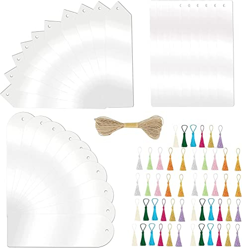 30 Stück Blanko Acryl Lesezeichen, BetterJonny Rechteckige Acryl Lesezeichen Rohling mit 50 Bunten Quaste Leere Craft Lesezeichen Transparente Lesezeichen für DIY Notizbuch Party Dekorationen 3 Formen