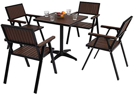 Mendler 4er-Set Gartenstuhl+Gartentisch HWC-J95, Stuhl Tisch, Gastro Outdoor-Beschichtung, Alu Holzoptik - schwarz, Dunkelbraun