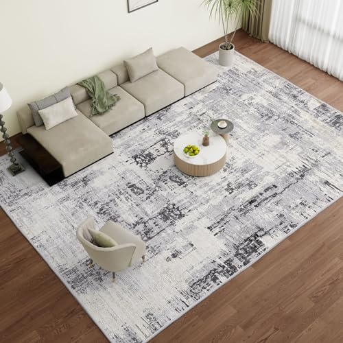 Vamcheer Machine Washable Rugs for Living Room - Modern Soft Faux Short Pile Area Rugs for Bedroom Dining Room Abstract Carpet for Office Non Slip Non Shedding Large Grey Rug, 200x300CM