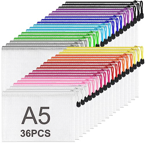 ASelected 36 Stücke Dokumententasche A5 Reißverschluss Bunte, Mesh Kunststoff Reißverschlusstasche, Datei Taschen mit Reißverschluss A5, Zipper Taschen für Datei, Dokumente, Hausaufgaben, Reisezubehör
