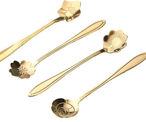 Wresetly Lot de 4 jolies fleurs en acier inoxydable pour thé, dessert, café, doré