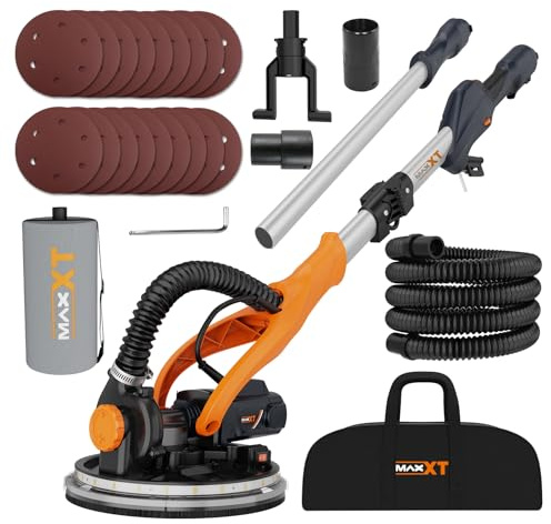 MAXXT Levigatrice per cartongesso: Levigatrice elettrica pieghevole con sistema di aspirazione REAL, manico telescopico, velocità variabile, motore da 6,5A, sei dischi abrasivi da 9 pollici