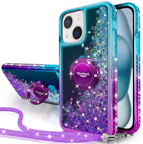 Silverback for iPhone 15 Plus Case, Liquid Holographic Sparkly Glitter Case with Stand and Lanyard, Women Girls Bling Diamond Ring Shockproof Protective Cover for iPhone 15 Plus 6.7''- Purple