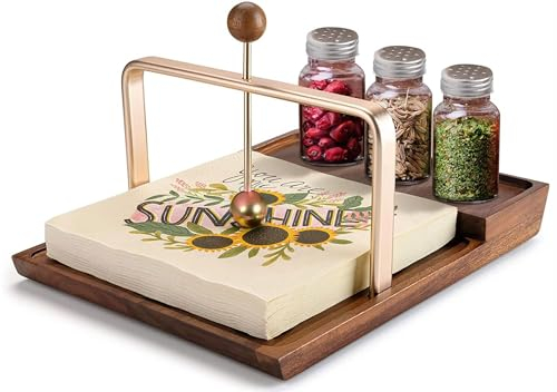 Porte-serviettes en bois pour table, porte-serviettes rustique 2 en 1 pour serviettes en papier, porte-serviettes plat avec sel et poivre pour bar, décoration de cuisine et salle à manger