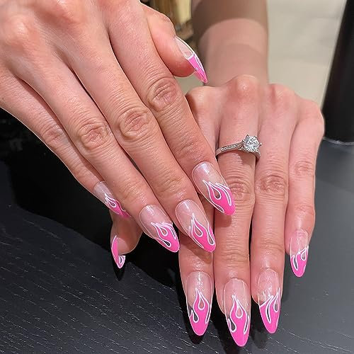 24PCS Long False Nails with Glue Stickers, Almond Full Cover Acrylic Press on Nails no Glue,Pink Flame French Fake Nails for Women and Girls Nail Art