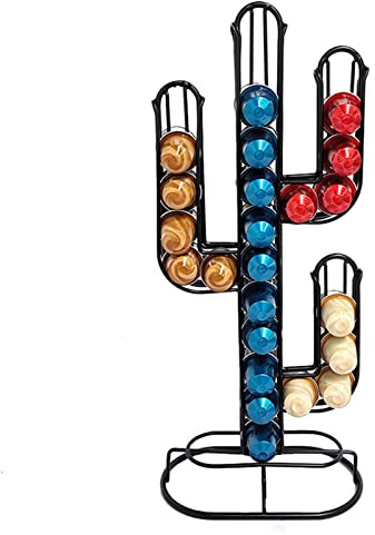 Coffee Pod Holder Cactus Shaped Coffee Capsule Organizer Black Iron Capsule Storage Stand Holds 48 Coffee Pods for Kitchen Countertop