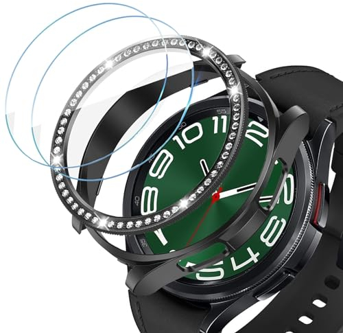 DEALELE [2+2 Pack] Uhrengehäuse Kompatibel mit Samsung Galaxy Watch 6 Classic 43mm / 47mm, PC Schutzhülle + Glitzer Strass Bezel Ring + Schutzfolie aus Gehärtetem Glas, Schwarz, 43mm