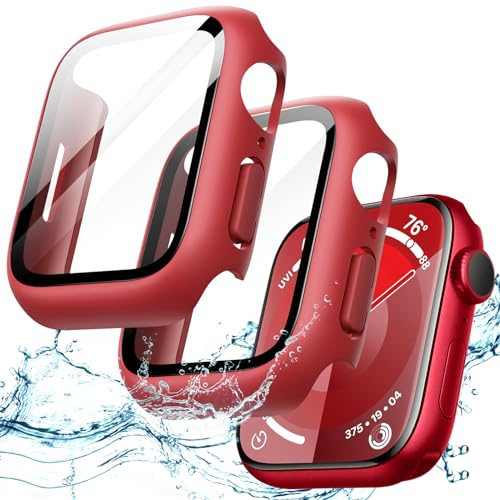 JETech Cover Impermeabile con Pellicola Protettiva per Apple Watch Series 9 8 7 45mm, Integrato Vetro Temperato Film PC Rigido Protettiva Completa Custodia, 2 Pacco (Rosso)