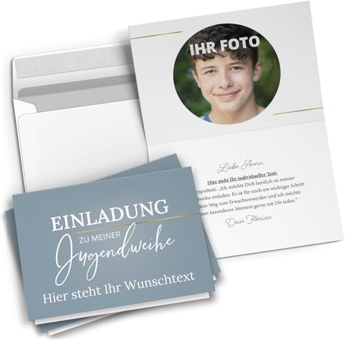 10 personalisierte Jugendweihe Einladungskarten mit eigenem Text und Foto - Blau Grau Jungen Jungs - Einladungen mit Umschlägen