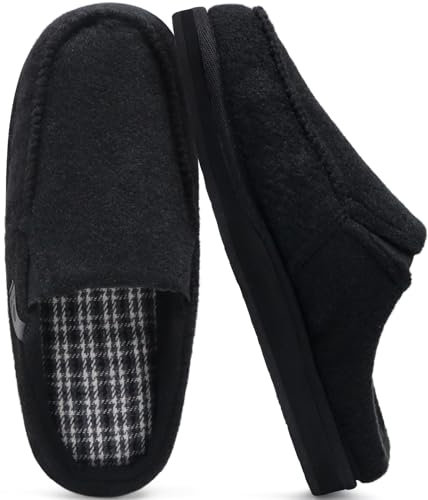 ONCAI Pantofole da Uomo in Comfort Pelo Cotone Strisce Ciabatte da Casa Feltro in Lana Peluche con Memory Foam Supporto Arco Suola in Gomma Nero Taglia 44