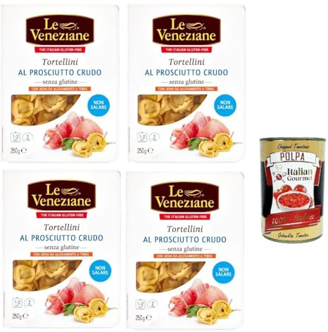 Italian Gourmet Tortellini prosciutto crudo senza glutine, 4 x 250g | Mit rohem Schinken gefüllte Nudeln; ricetta pratica per pranzo veloce o cena, Gesamtnettogewicht 1 kg + Kostenlos Polpa 400g