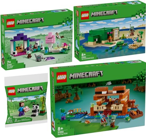 Lego Minecraft Set: 21256 Das Froschhaus, 21254 Das Schildkrötenstrandhaus, 21253 Das Tierheim & 30672 Steve mit Baby-Panda