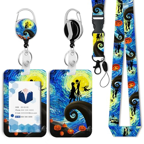Porte-badge avec enrouleur rétractable et cordon détachable – Porte-badge de Noël cauchemar – Enrouleur de badge – Porte-clés d'Halloween – Avec lanière détachable – Pour l'école