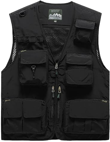 Wirltte Mens Vests Cargo Outdoor Work Safari Hunting Fishing Travel Photo Mesh Waistcoat Vest Gilet Multi Pockets Black M