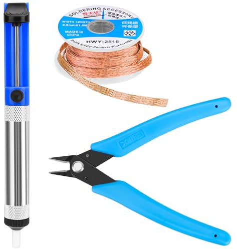 Solder Sucker Desoldering Pump, Desoldering Wick, Micro Shear Wire Cutter Pliers, 3 PCS Solder Removal Tool Set, Soldering Iron Assist Accessories DIY Kit