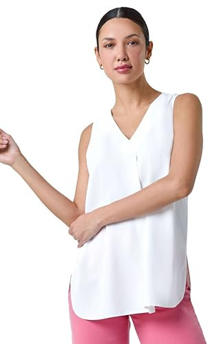 Roman Originals Women Pleated Vest Tank Top Ladies Sleeveless Blouse Shirt Tunic Summer Autumn Holiday V-Neck Work Office Cocktail Party Special Occassion Going Out - Ivory - Size 12