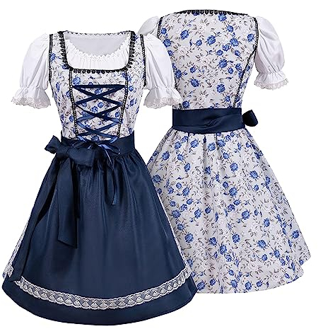 Trachten-Kleid Dirndl Damen 3 TLG, Midi für Oktoberfest, mit Schürze und Bluse Fernblau geblümt Blau S M L XL