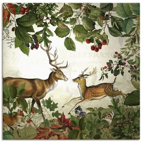 ARTLAND Wanddeko Leinwand Bilder Wandbild 100x100 cm Herbstdeko Tiere Pflanzen Hirsch Reh Wald Idylle Natur U5GX
