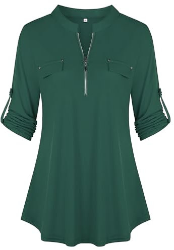 Lalala Tunique à carreaux avec col en V, manches 3/4 et fermeture éclair, couleur unie, haut long pour femmes, 3XL