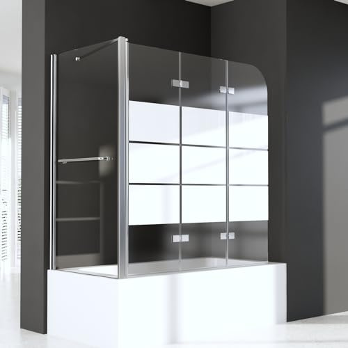 Duschwand für Badewanne mit Gestreift 75 x 120 x 140 cm mit Seitenwand,3-teilig Faltbar Duschwand Duschabtrennung aus 6mm Nano Glas,Silber