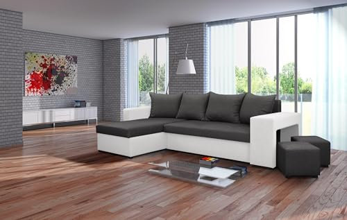 NAWSTOL - Ecksofa Couch Tymon mit Schlaffunktion und Bettkasten - Schlafsofa Couchgarnitur Eckcouch Ecke Bettcouch- Universal (Grau + weiß Kunstleder)