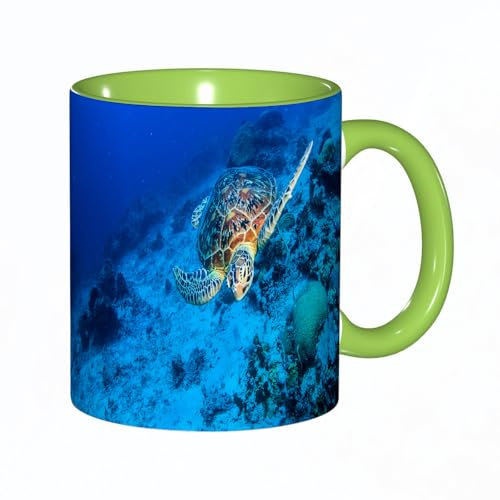 EKLMPS Original Mug en céramique,idéal comme cadeau,impression de haute qualité,mug à motifs,mug à thé,à café,330ml,Tortue, photo sur le thème de la faune océanique de la tortue de mer dans les eaux d
