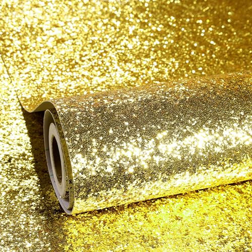 ReWallpaper Self Adhesive Wallpaper Sparkle Gold Sticky Back Plastic Contact Paper for Crafts Glass Art Deco Chunky Glitter Wallpaper 40CM×3M Decorative Stick on Wall Paper for Bedroom Kids