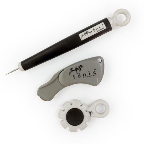 Tim Holtz – Bastelwerkzeug-Set | Mini-Drehperforator, einziehbarer Plektrum und Fadenschneider/Papier-Distresser