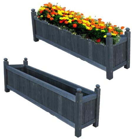 Vivo Technologies Set of 2 Extra Large Rectangular Wooden Planters Outdoor Garden Planter Box Planting Raise Bed Plants Flowers Plant Pot Natural Long Wood Pot,90x20x34 cm,Grey