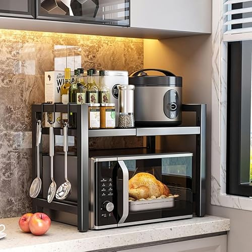 Esenlong Expandable Microwaves Oven Rack, Microwave Shelf Stand, Kitchen Counter Organizer Shelf Stand, Pot Pan Grill Storage Rack, Adjustable Carbon Steel Microwave Shelfs