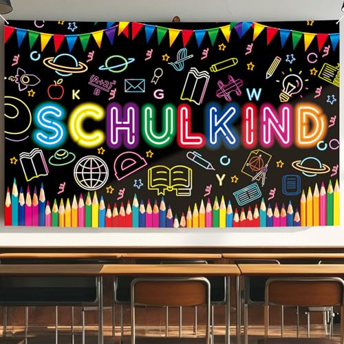 Einschulung Banner Deko, 180 x 110cm Schwarz Schulanfang Banner | Schulkind Banner für Einschulung Dekoration Schuleinführung Hintergrund Deko für Kinder Mädchen Jungen