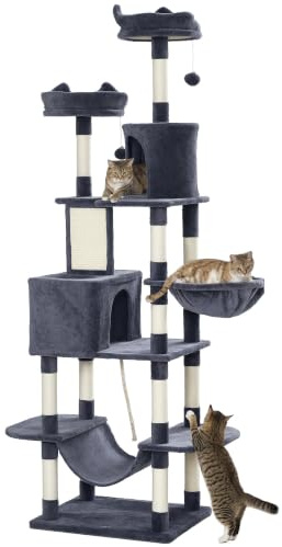 PawHut Kratzbaum 206cm hoch mit Höhle für Katzen bis 6 kg Dunkelgrau | Mehrstöckiger Katzenbaum, Hängematte, Kratzbrett, Katzenkratzbaum mit Sisalstämme, Bett, Katzenmöbel