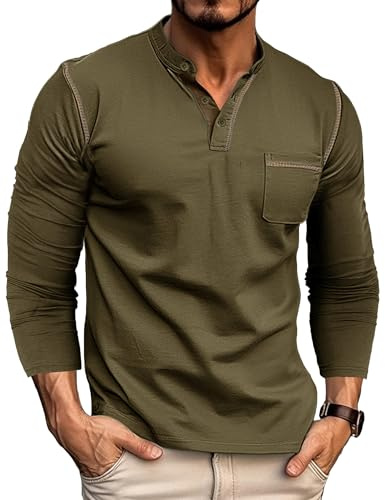 Mens Henley T-Shirts Cotton Long Sleeve T Shirt Casual Grandad Shirt Tops Green M