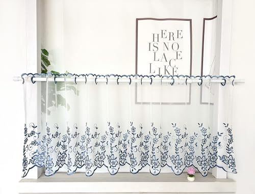 Daliena Scheibengardine Blumenmuster Kurzstore Transparent BxH100x60cm Blau | Romantisch Kurzgardine Bistrogardine Landhaus, Kleines Fenstervorhang, Gardine für Küchenfenster 1 Stück
