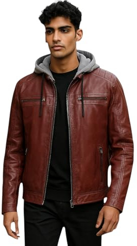 Men's Hooded Biker Real Lamb Leather Slim Motorbike Moto Casual Jacket
