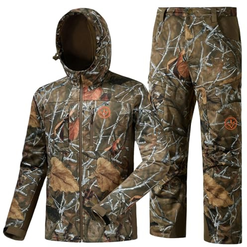 BASSDASH Isolierte Jagd-Kapuzenjacke und Hose für Herren, Softshell-Camouflage, leise, wasserabweisend, Fleece-gefüttert, warmer Mantel