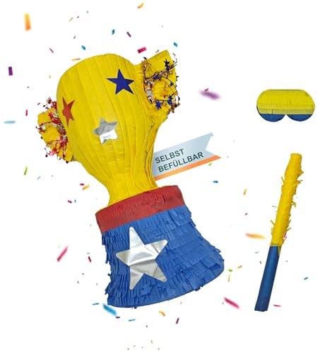 Relaxdays Pinata Pokal, mit Stab & Maske, zum Aufhängen, Kinder, Geburtstag, zum Befüllen, HBT: 38x30,5x19 cm, bunt