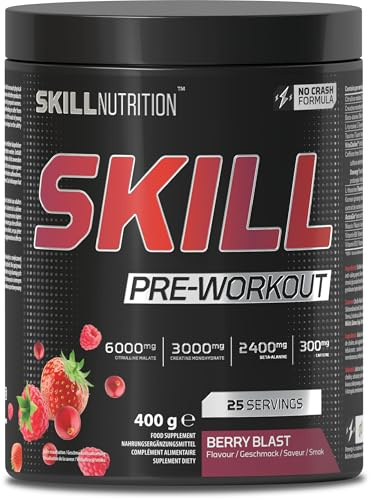 Skill Nutrition Pre-Workout Berry Blast - No-Crash Formula with Extended-Release Caffeine | Xtenergy®, TheaGreen™, Vitacholine®, Astragin® | Vegan, Halal | B-Vitamins, Citrulline, Beta-Alanine