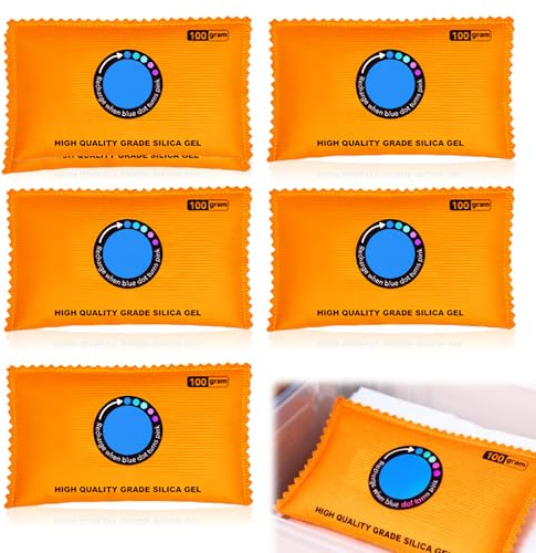 BAIFULAI 5 x 100g Wiederverwendbare Trockenmittelbeutel Kieselgel, Feuchtigkeitsabsorber Kieselgel, Luftentfeuchter Auto, farbige Trockenmittelpakete für Koffer, Safe, 3D-Filamente, Nebel im Auto