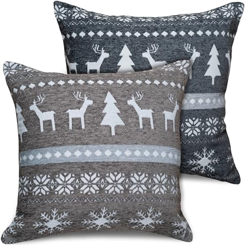 matches21 HOME & HOBBY Kissenbezug 45x45 cm Elche & Muster beige & grau - 2er Mix Set Kissenhüllen als Weihnachtsdeko