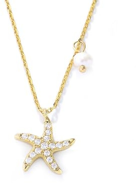 Mesnt Goldkette 750 Echtgold, Frauen 18 Karat Gelbgold Damenhalskette mit Moissanit-Seestern- und Perlenanhänger, Länge 40+5cm