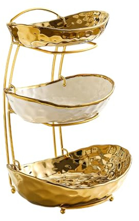 Kiss Me 3 Tier Fruit Bowl Ceramic Stand, Kitchen Counter Fruit Basket | Durable Ceramic And Metal, 3 Tier Design Saves Space, Ideal For Fruit, Snacks, Nuts(3-Tier Gold)