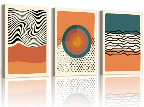 WENGTIAO 3 Stück Boho Abstrakte Leinwand Bilder Kunstdrucke Gerahmt | Minimalistische Orange Block Linien Gemälde auf Leinwand für Modern Wanddeko Wohnzimmer Schlafzimmer 40x60cmx3