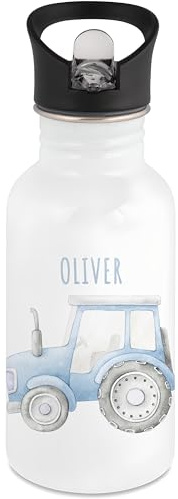 DEL MÀ Unique & Personal Traktor Trinkflasche Kinder personalisiert mit Namen Jungen Edelstahl Flasche mit Strohhalm Trecker Wasserflasche für Schule Kindergarten 500 ml (Blau)