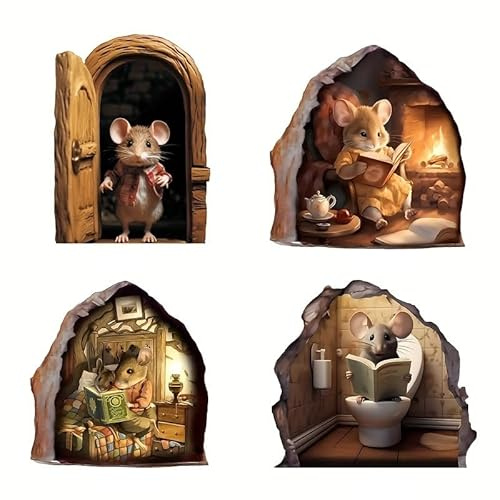 4PCS 3D Mouse Hole Wall Stickers, Fun Animal Wall Decals for Skirting Board, Peel and Stick Wall Art for Hallway, Living Room, Bedroom and Nursery Decoration